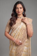 Golden Silver Tissue Saree with Scalloped Cutdana Border and Hand-Embellished Blouse
