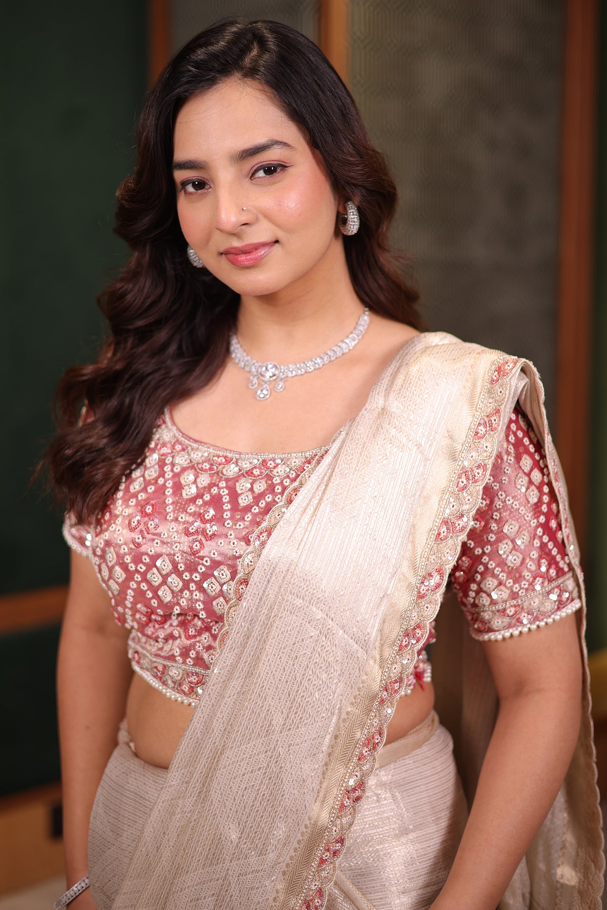Luminous Ivory Tissue Saree with Scalloped Sequin Border and Heavy Embroidered Pink Tissue Designer Blouse