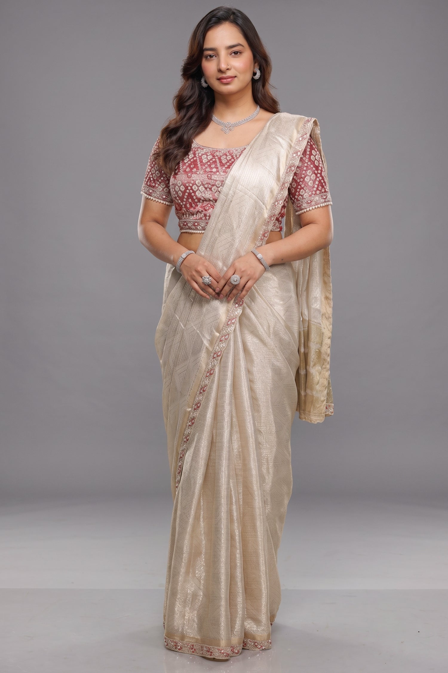 Luminous Ivory Tissue Saree with Scalloped Sequin Border and Heavy Embroidered Pink Tissue Designer Blouse Main image