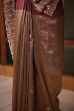 Antique Metallic Gold Tissue Fine Weaving Saree with Contrast Magenta Scalloped Cutdana Border and Embellished Blouse