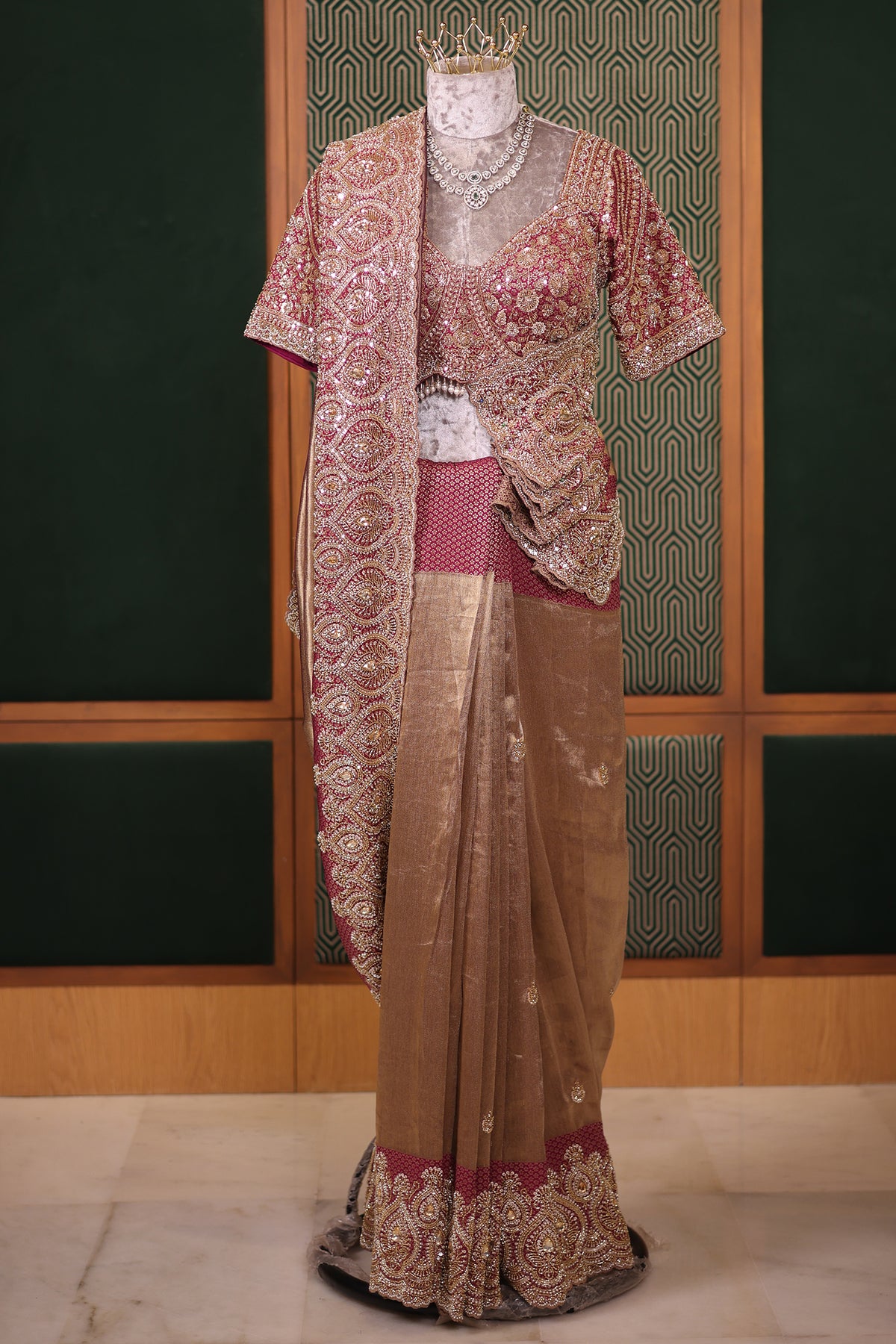 Antique Metallic Gold Tissue Fine Weaving Saree with Contrast Magenta Scalloped Cutdana Border and Embellished Blouse