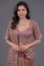 Antique Metallic Gold Tissue Fine Weaving Saree with Contrast Magenta Scalloped Cutdana Border and Embellished Blouse