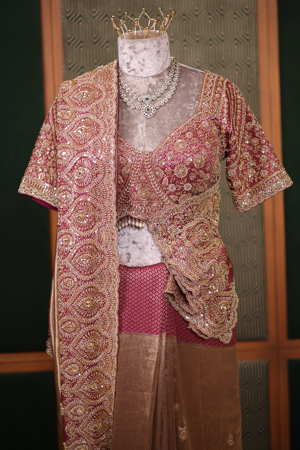 Antique Metallic Gold Tissue Fine Weaving Saree with Contrast Magenta Scalloped Cutdana Border and Embellished Blouse