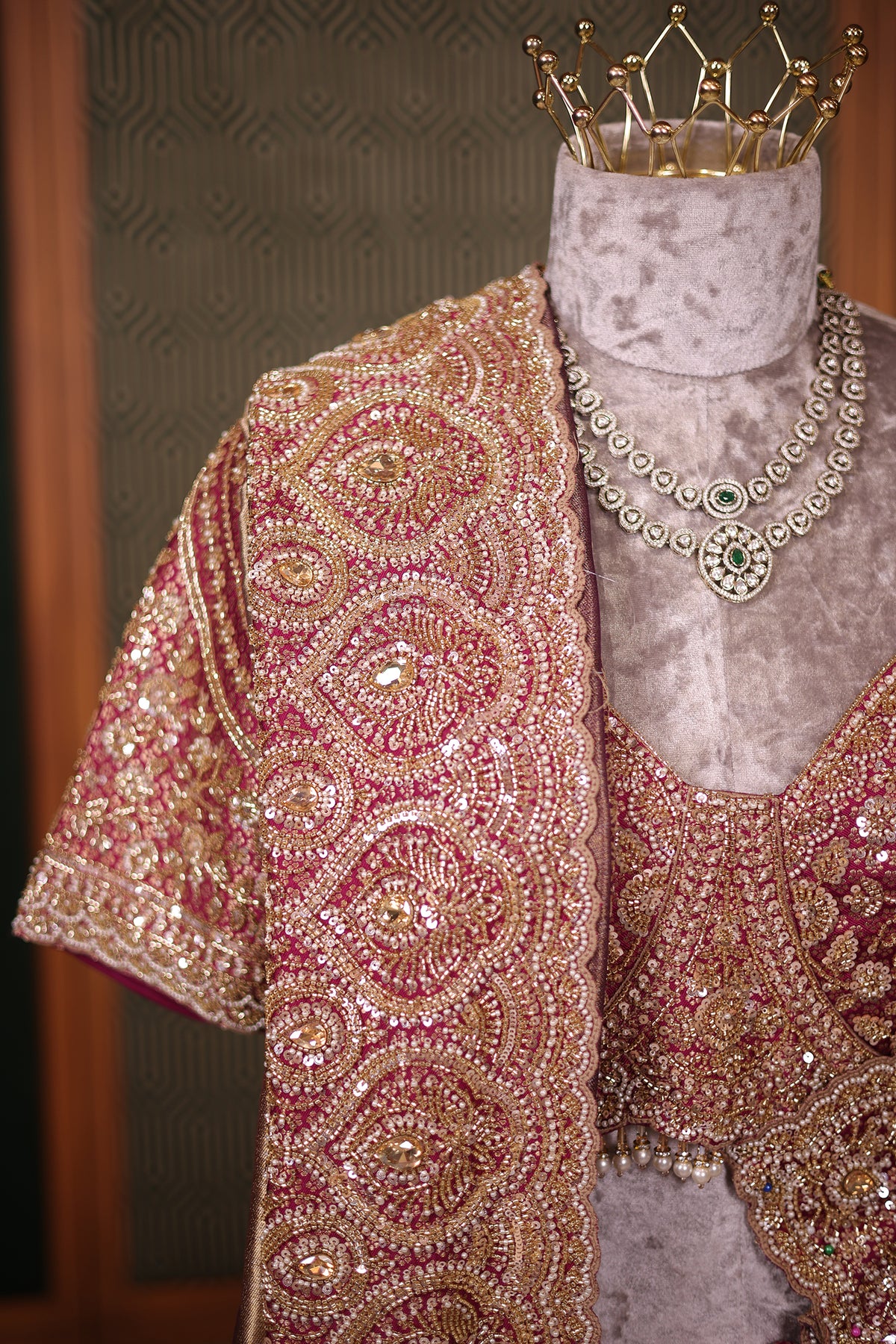 Antique Metallic Gold Tissue Fine Weaving Saree with Contrast Magenta Scalloped Cutdana Border and Embellished Blouse