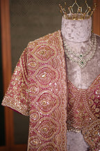 Antique Metallic Gold Tissue Fine Weaving Saree with Contrast Magenta Scalloped Cutdana Border and Embellished Blouse