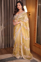 Olive Lemon Green Crush Tissue Organza Saree with Scalloped Zardosi and Floral Cutdana Border