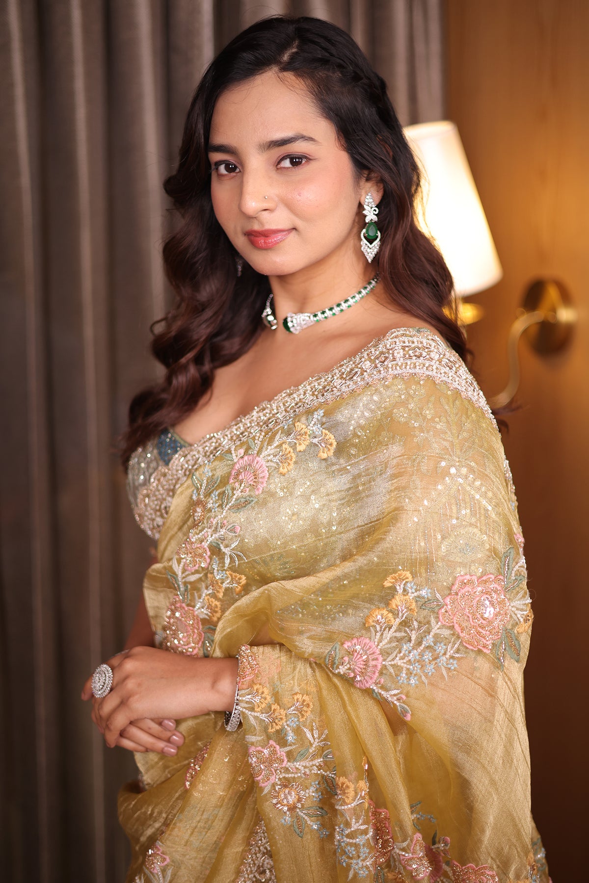 Olive Lemon Green Crush Tissue Organza Saree with Scalloped Zardosi and Floral Cutdana Border