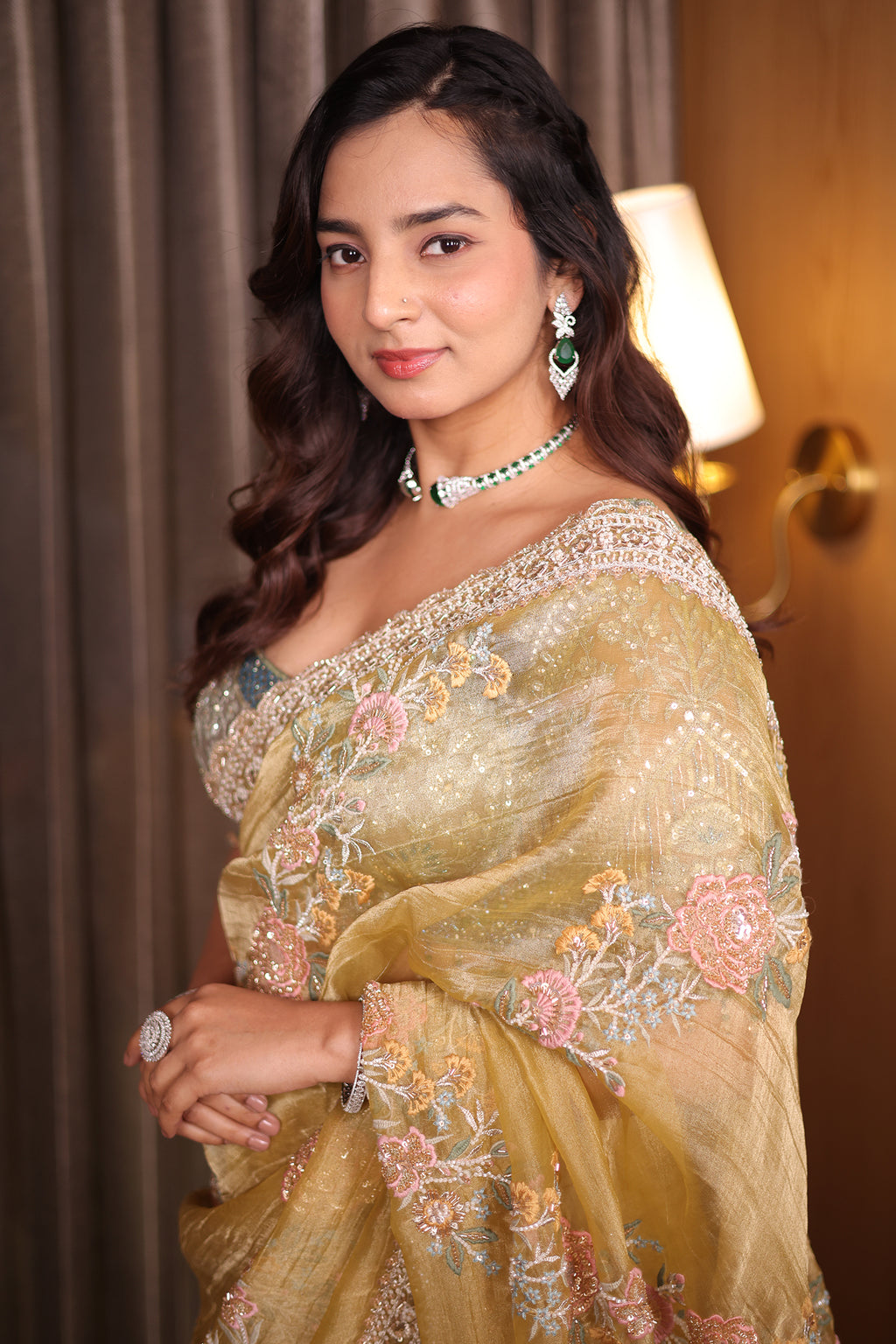 Olive Lemon Green Crush Tissue Organza Saree with Scalloped Zardosi and Floral Cutdana Border