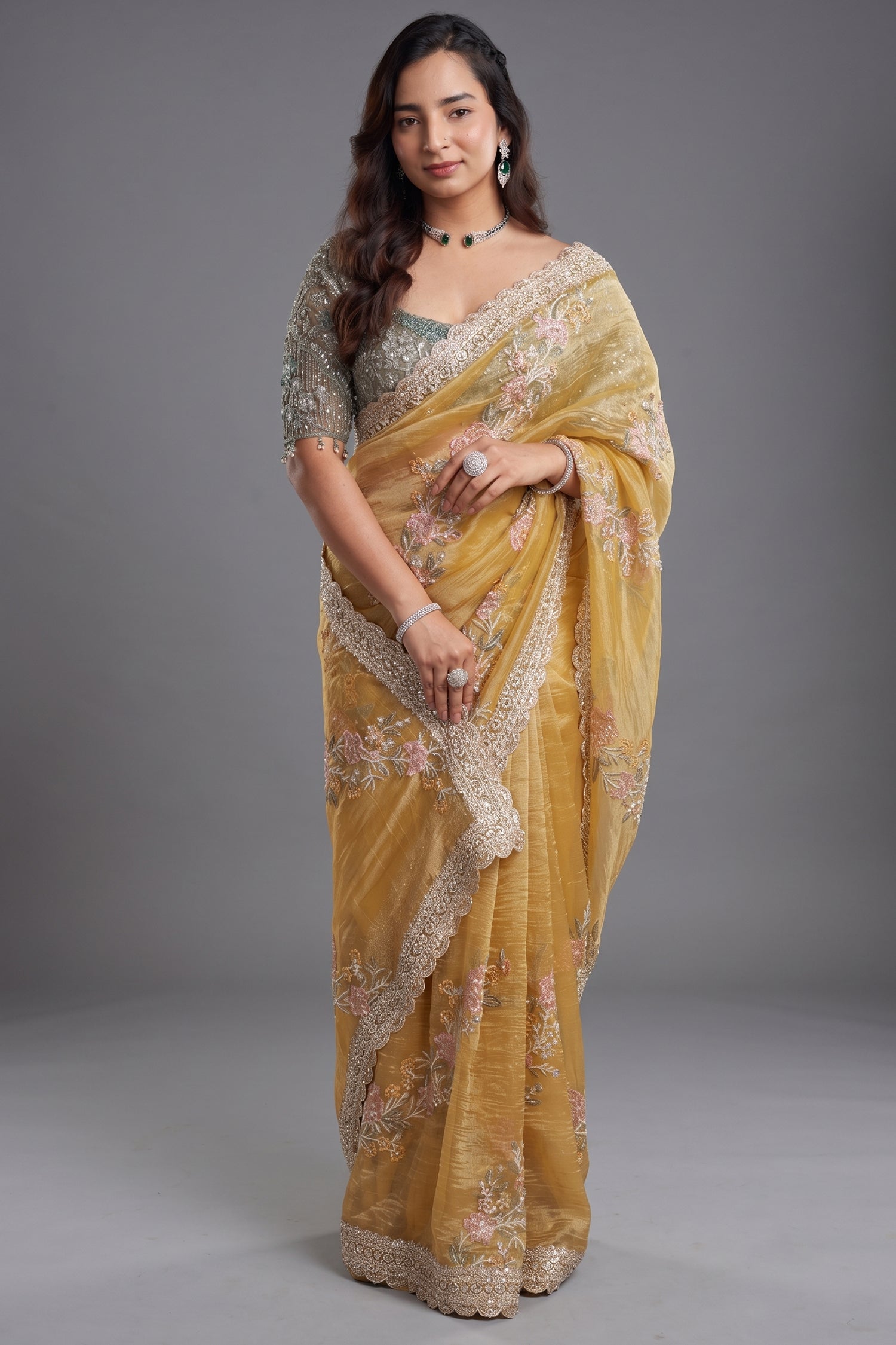 Olive Lemon Green Crush Tissue Organza Saree with Scalloped Zardosi and Floral Cutdana Border Main image