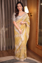 Olive Lemon Green Crush Tissue Organza Saree with Scalloped Zardosi and Floral Cutdana Border