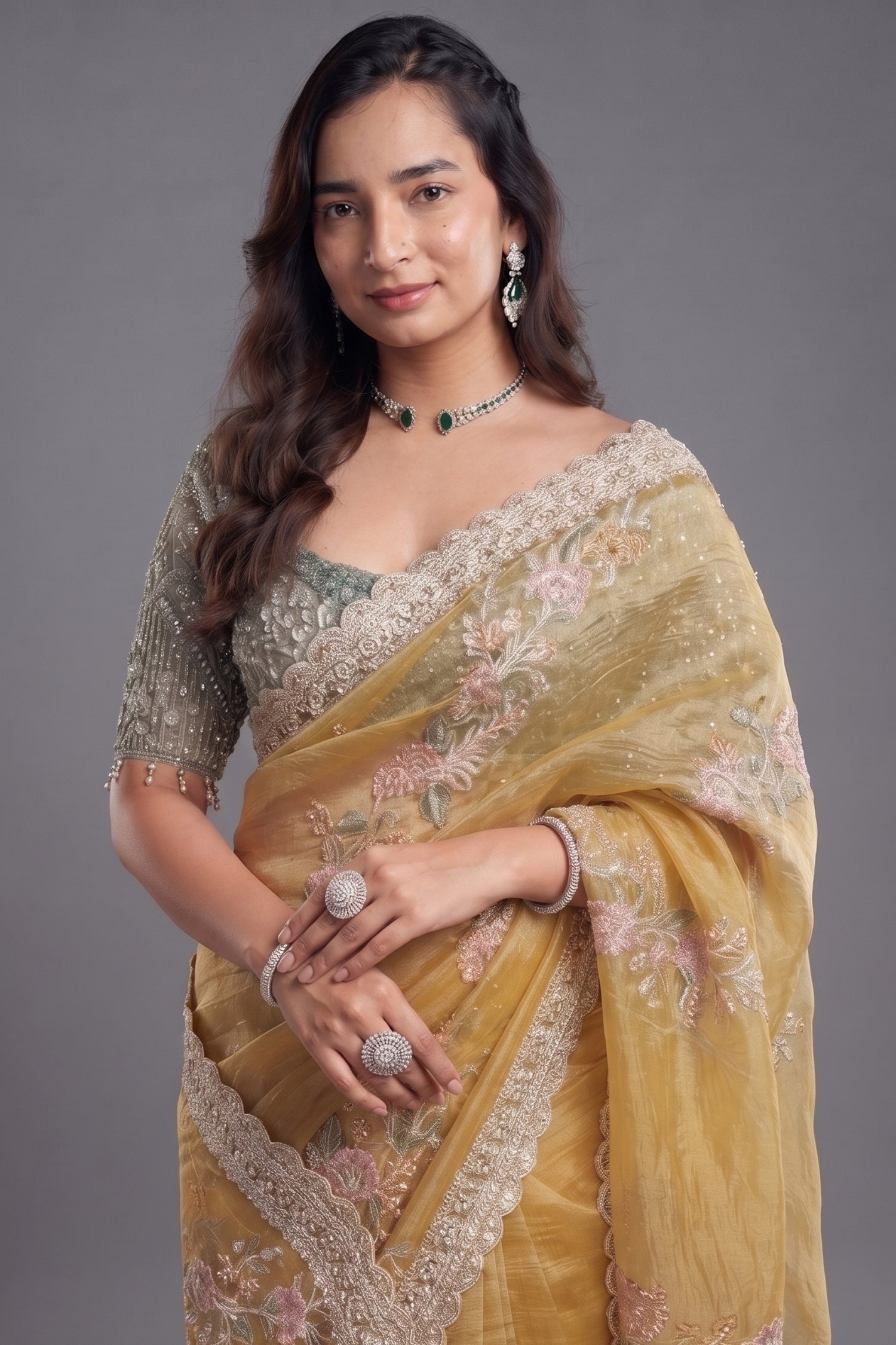 Olive Lemon Green Crush Tissue Organza Saree with Scalloped Zardosi and Floral Cutdana Border Secondary image