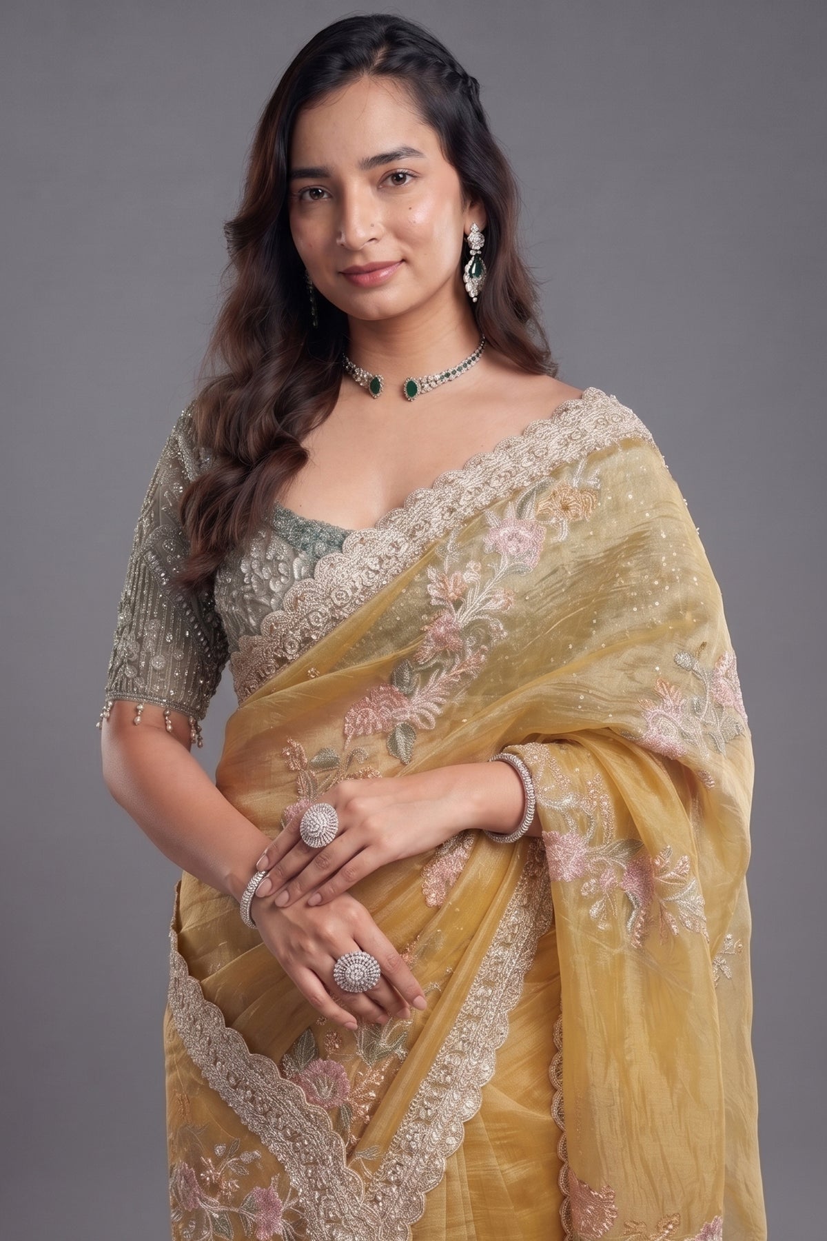 Olive Lemon Green Crush Tissue Organza Saree with Scalloped Zardosi and Floral Cutdana Border