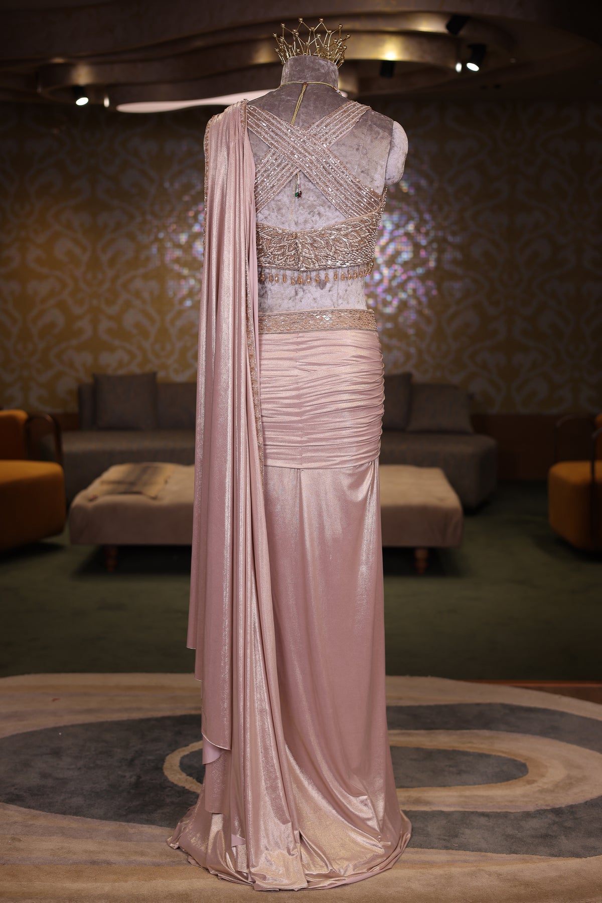 Blush Pink Metallic Pre-Draped Lehenga Saree Set with Hand-Embroidered Cutdana Choli