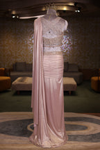 Blush Pink Metallic Pre-Draped Lehenga Saree Set with Hand-Embroidered Cutdana Choli