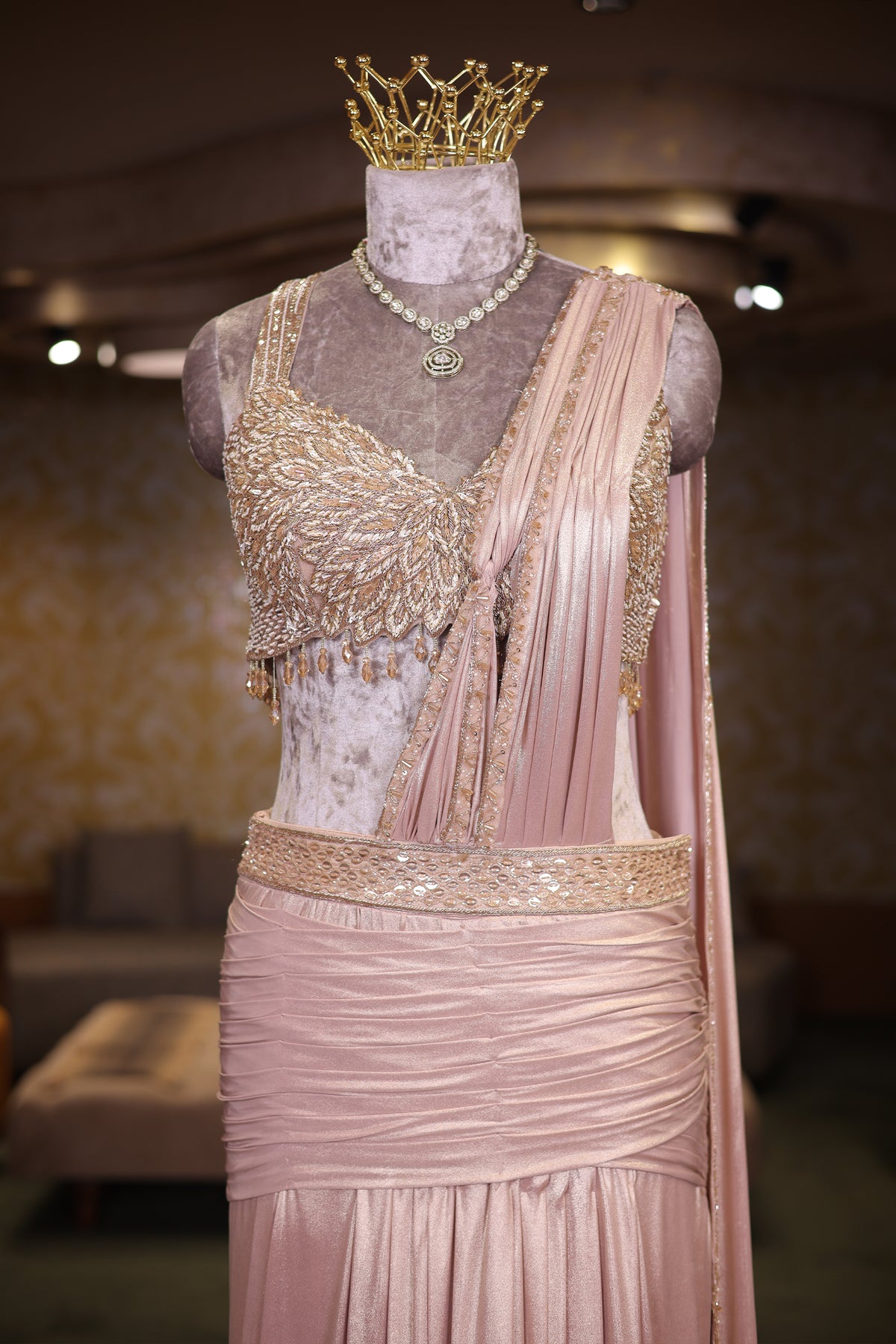 Blush Pink Metallic Pre-Draped Lehenga Saree Set with Hand-Embroidered Cutdana Choli