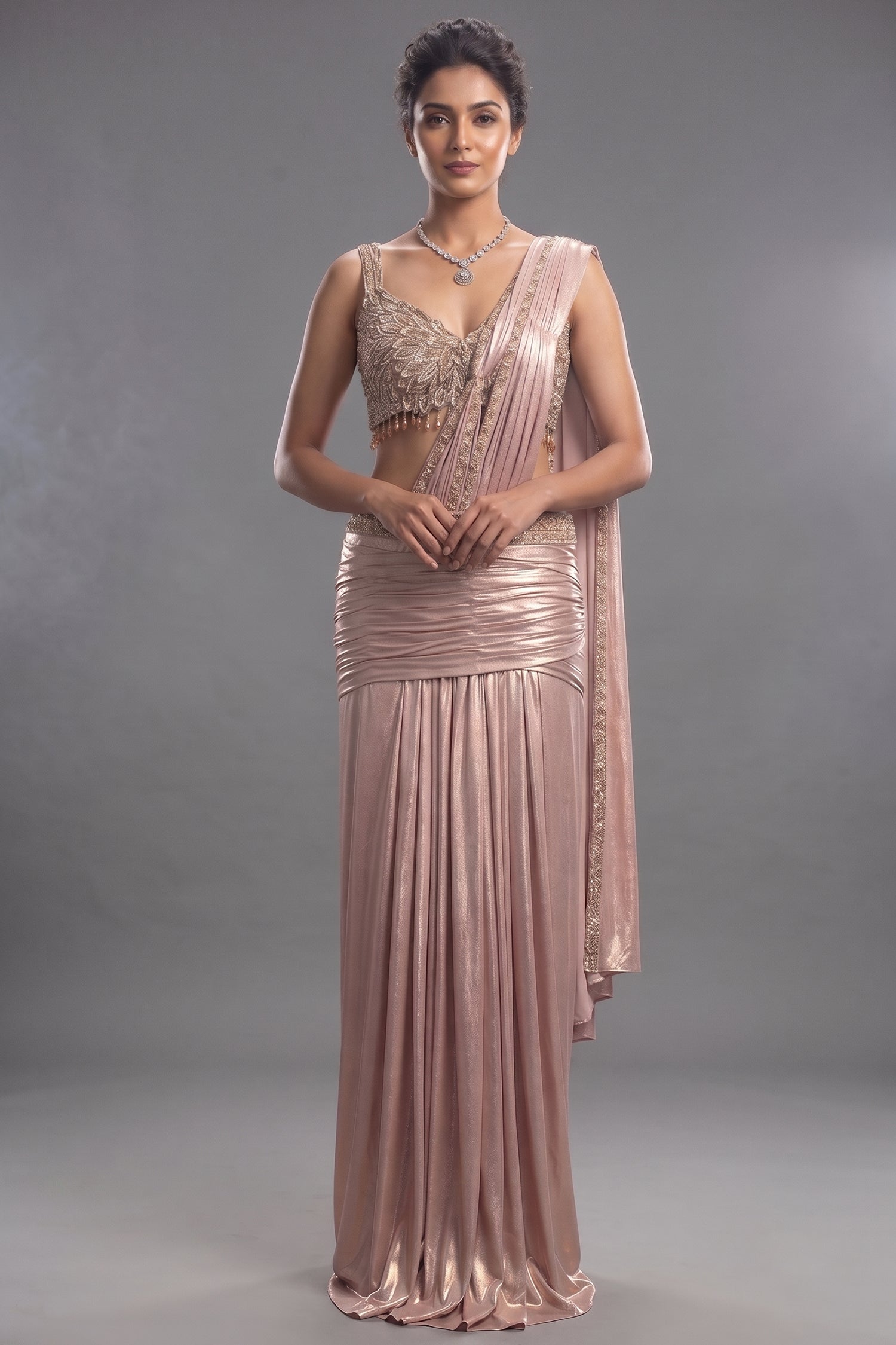 Blush Pink Metallic Pre-Draped Lehenga Saree Set with Hand-Embroidered Cutdana Choli Main image