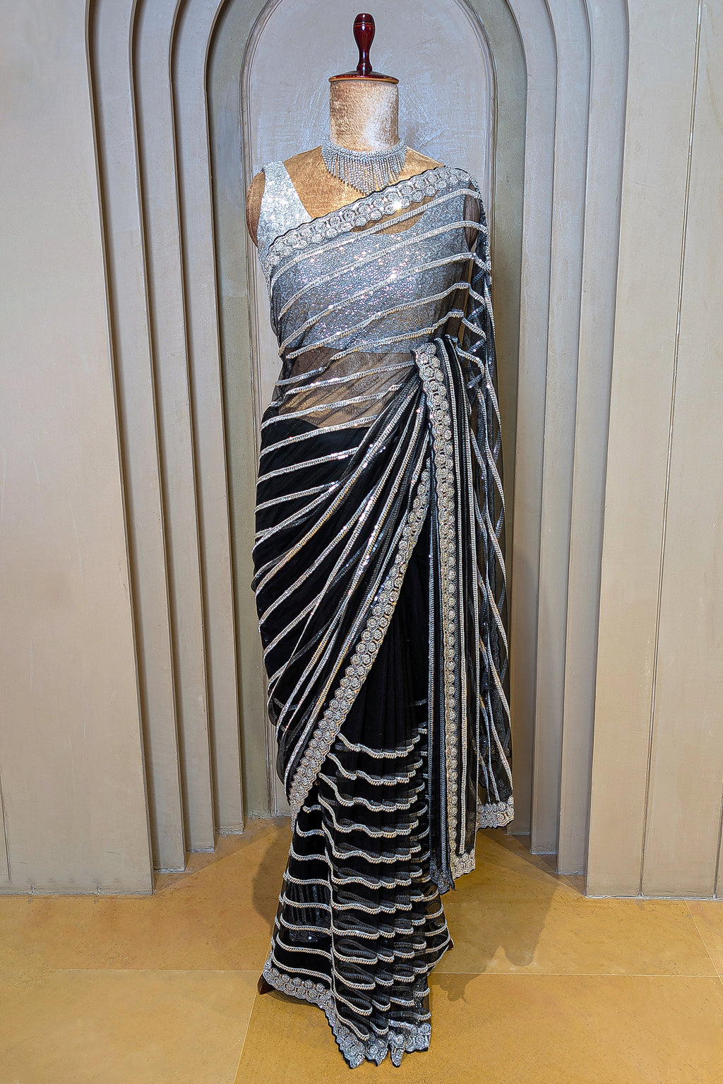 Black Net Sequin Cutdana Worked Saree