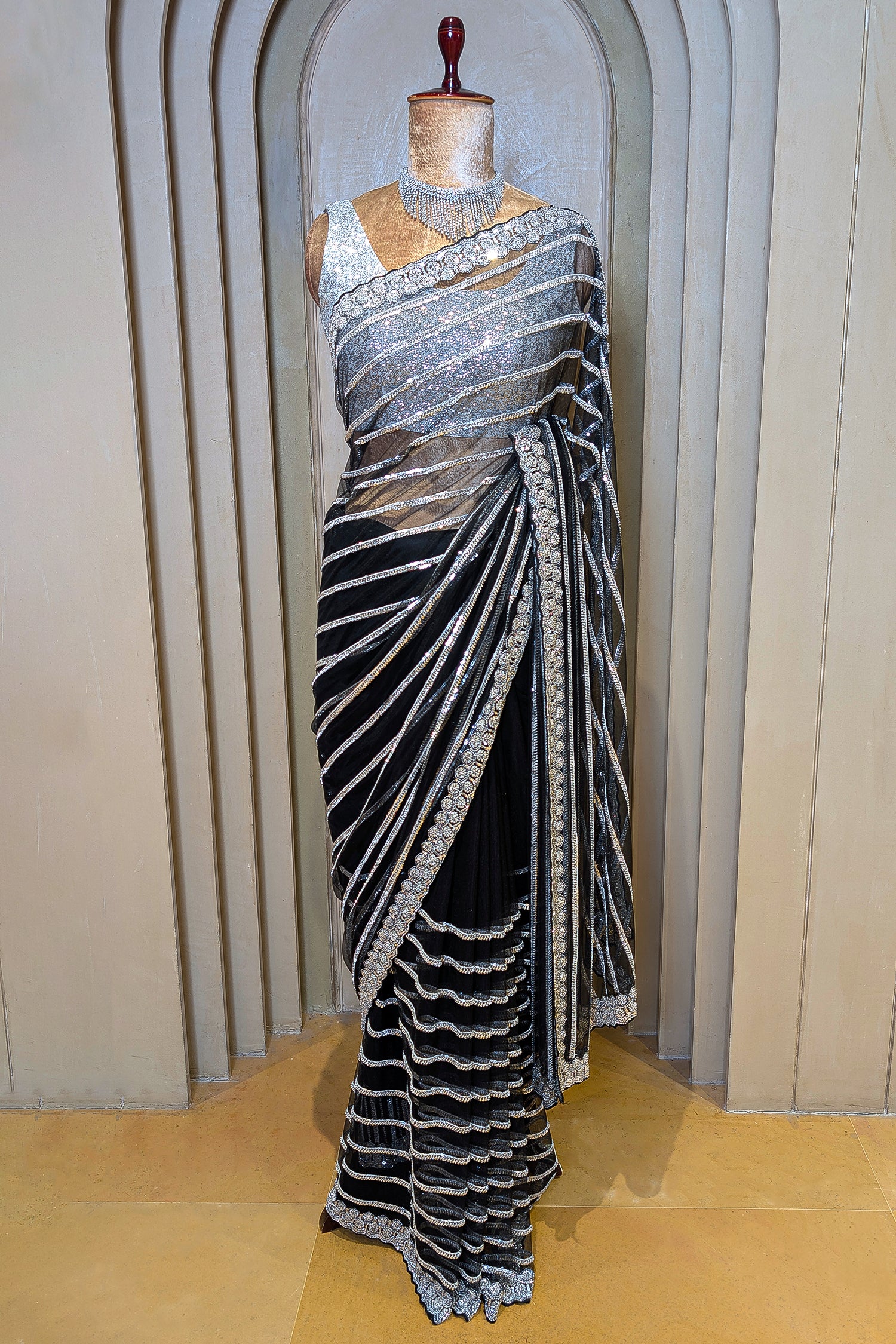 Black Net Sequin Cutdana Worked Saree