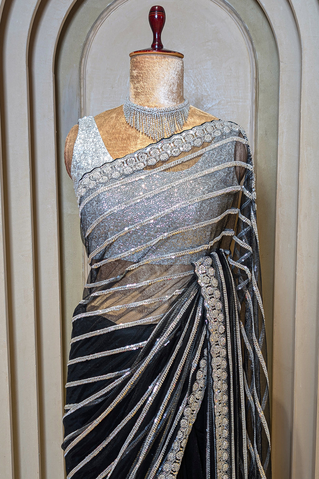 Black Net Sequin Cutdana Worked Saree