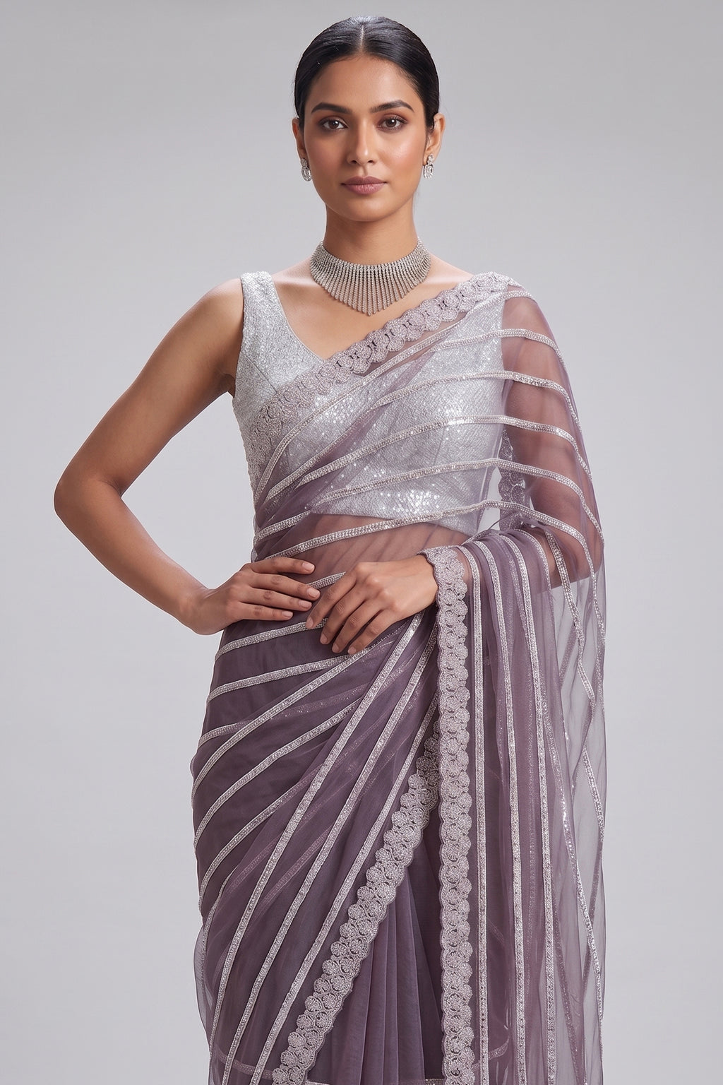 Mauve Net Sequin Cutdana Worked Saree