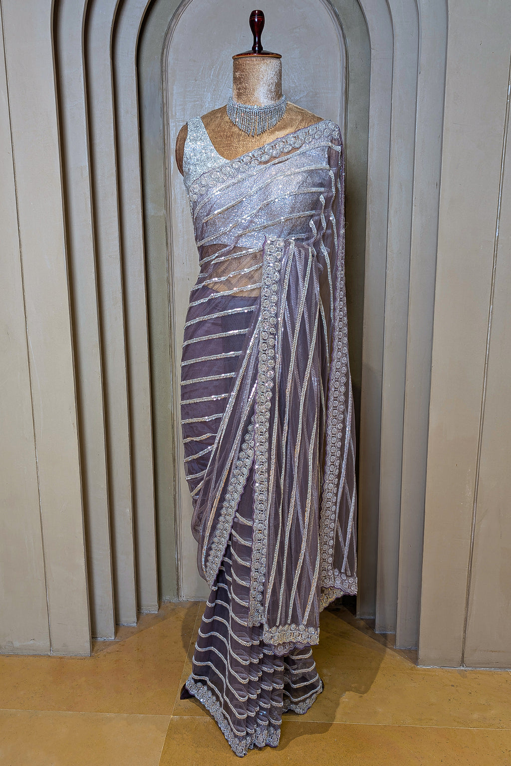Mauve Net Sequin Cutdana Worked Saree