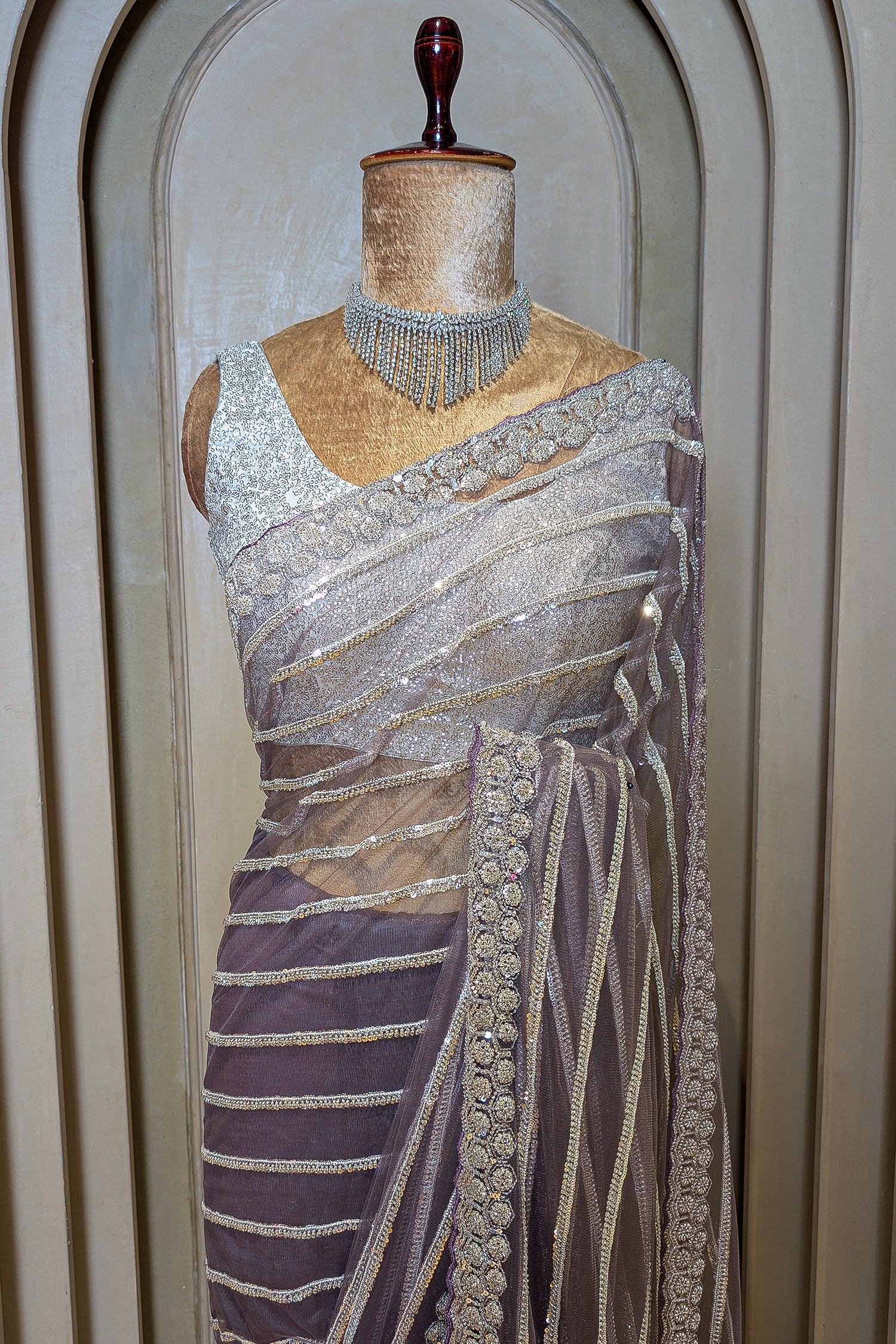 Mauve Net Sequin Cutdana Worked Saree