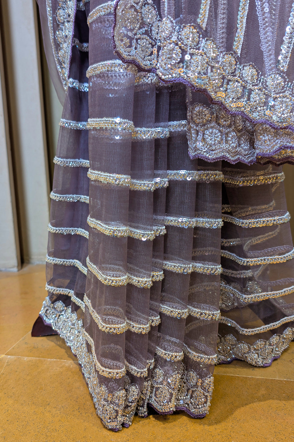 Mauve Net Sequin Cutdana Worked Saree