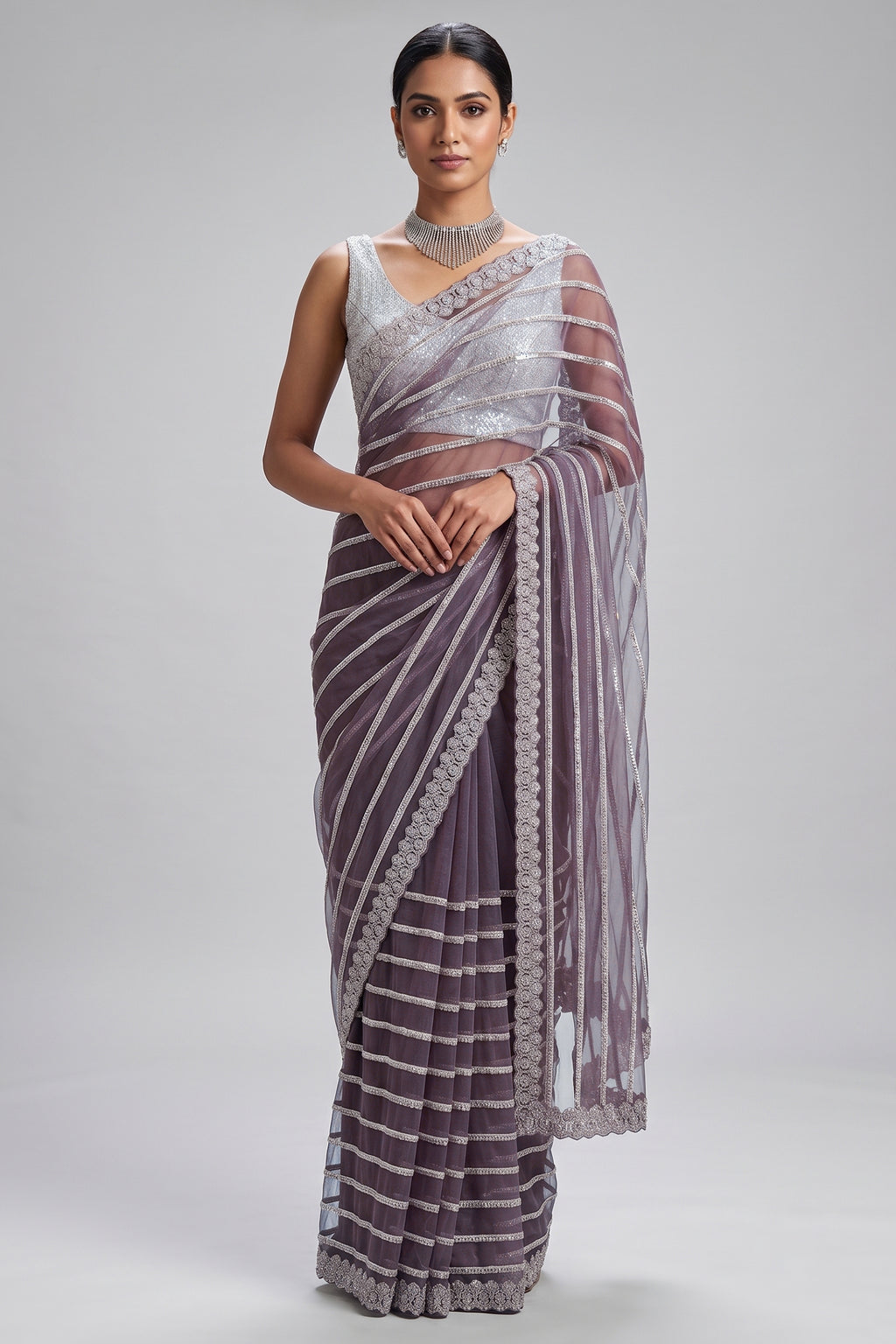Mauve Net Sequin Cutdana Worked Saree