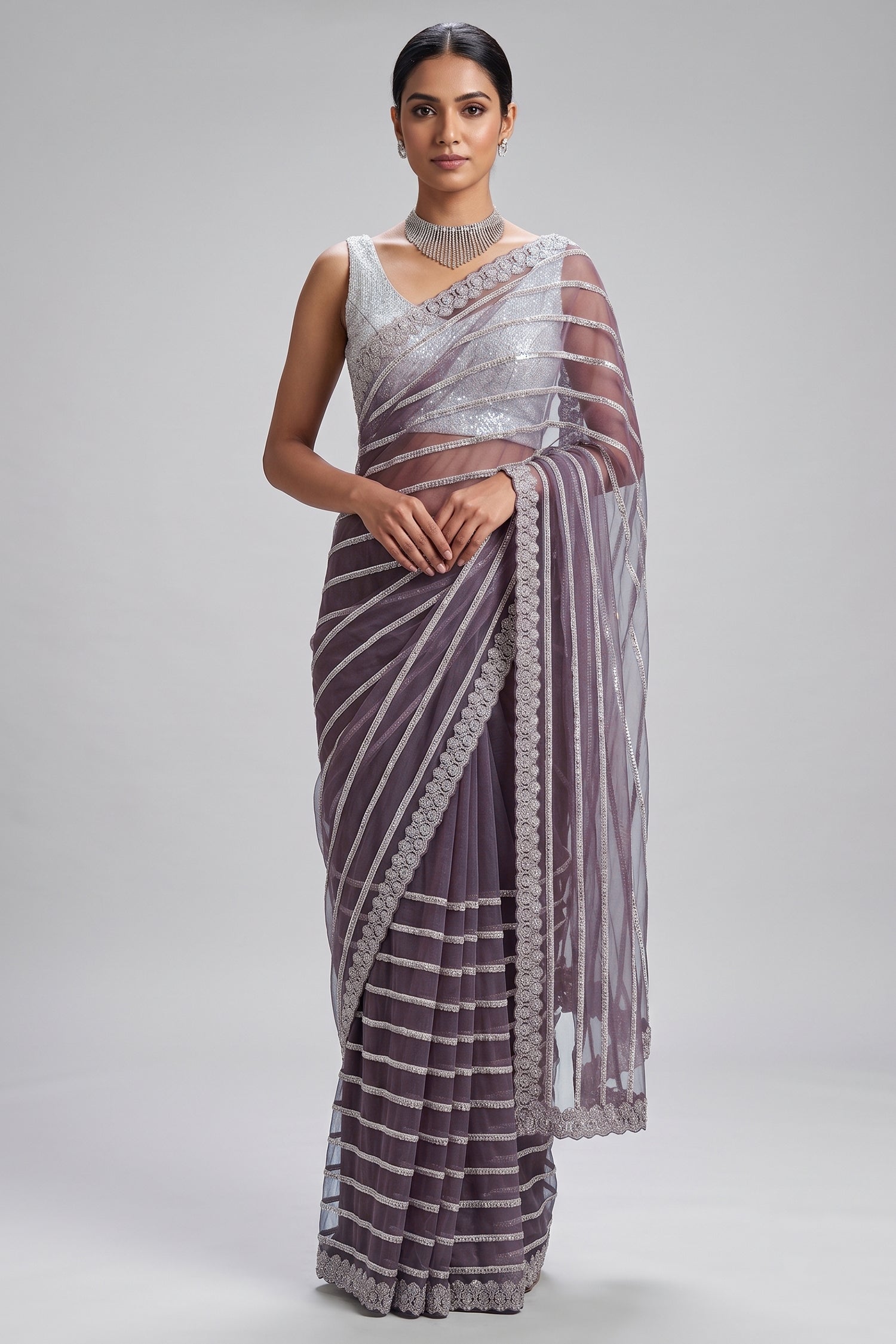 Mauve Net Sequin Cutdana Worked Saree