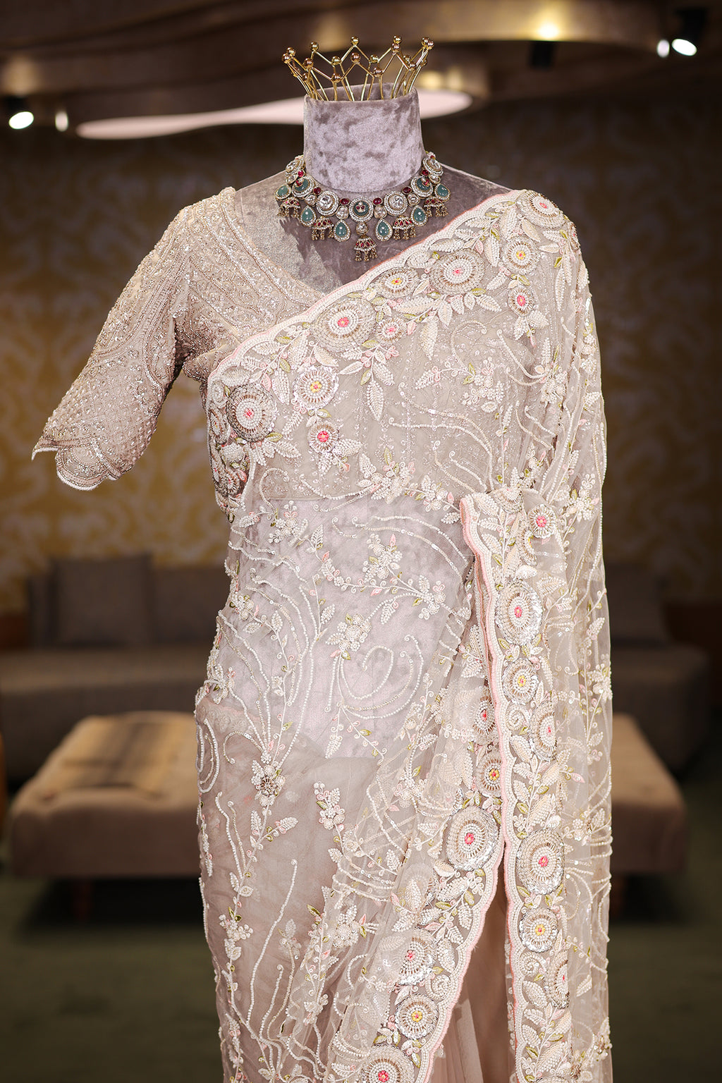 Pearl White Net Floral Thread Embroidered Saree with Sequin Cutdana Work