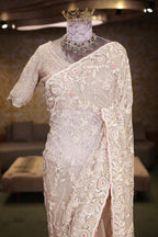 Pearl White Net Floral Thread Embroidered Saree with Sequin Cutdana Work