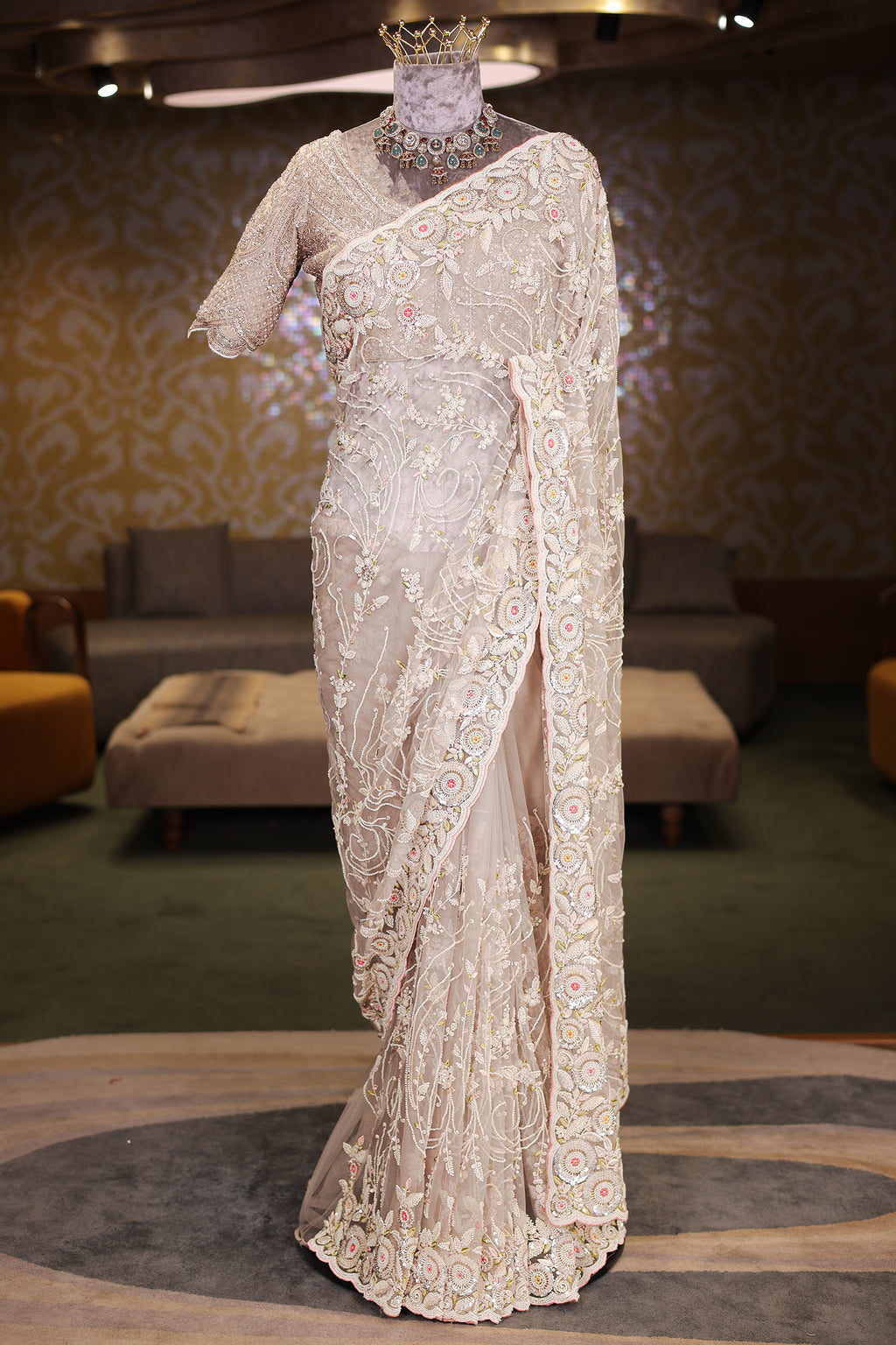 Pearl White Net Floral Thread Embroidered Saree with Sequin Cutdana Work