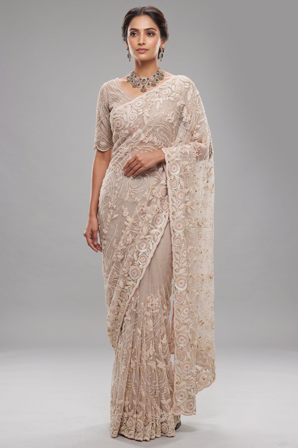 Pearl White Net Floral Thread Embroidered Saree with Sequin Cutdana Work