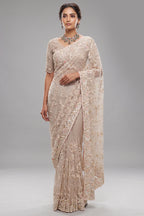 Pearl White Net Floral Thread Embroidered Saree with Sequin Cutdana Work