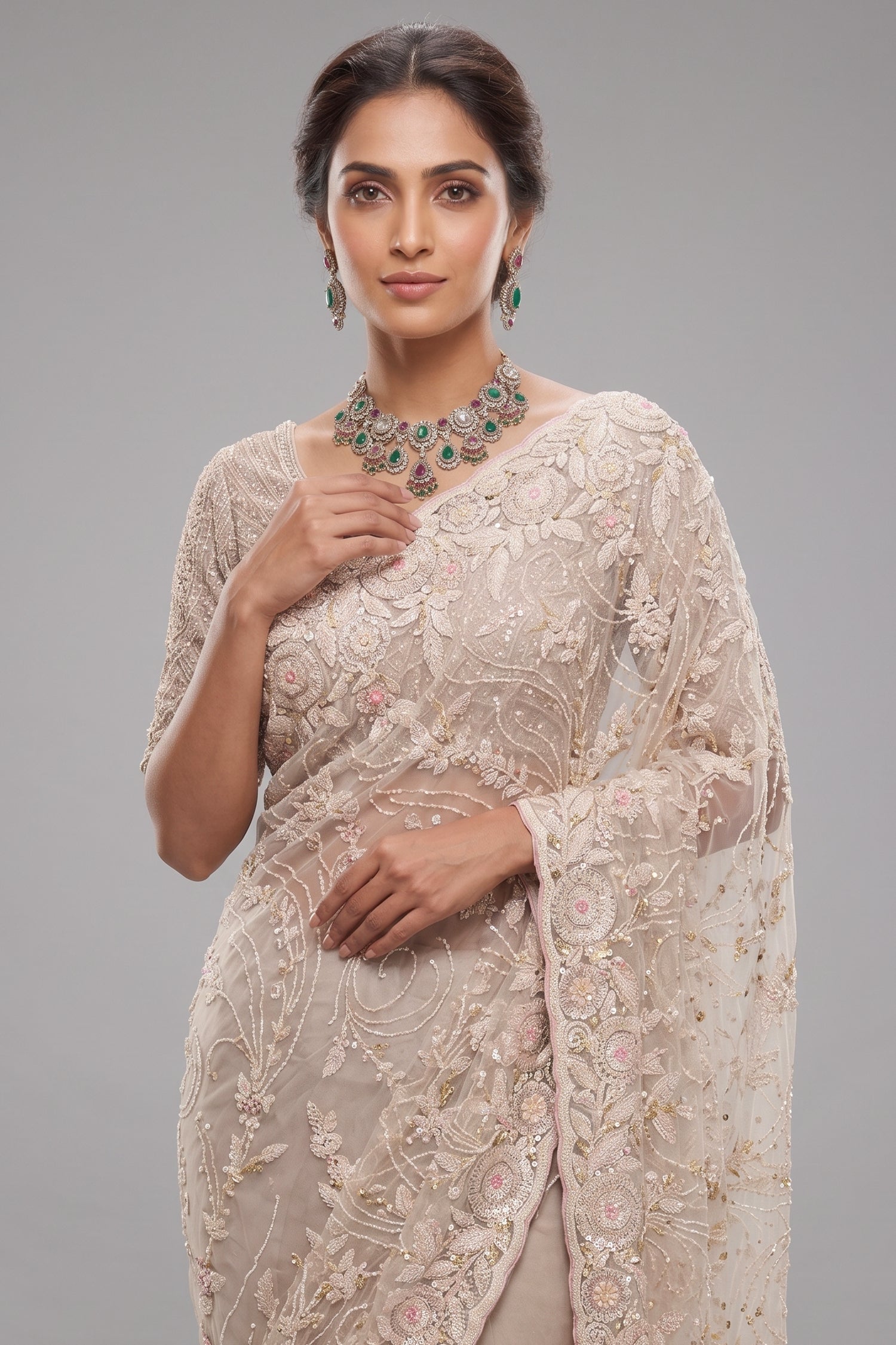Pearl White Net Floral Thread Embroidered Saree with Sequin Cutdana Work