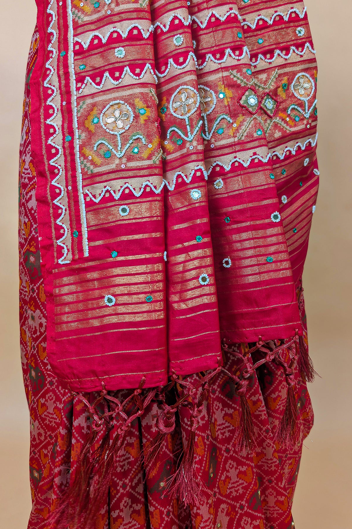 Pink Silk Traditional Patola Saree with Beads and Mirror Work
