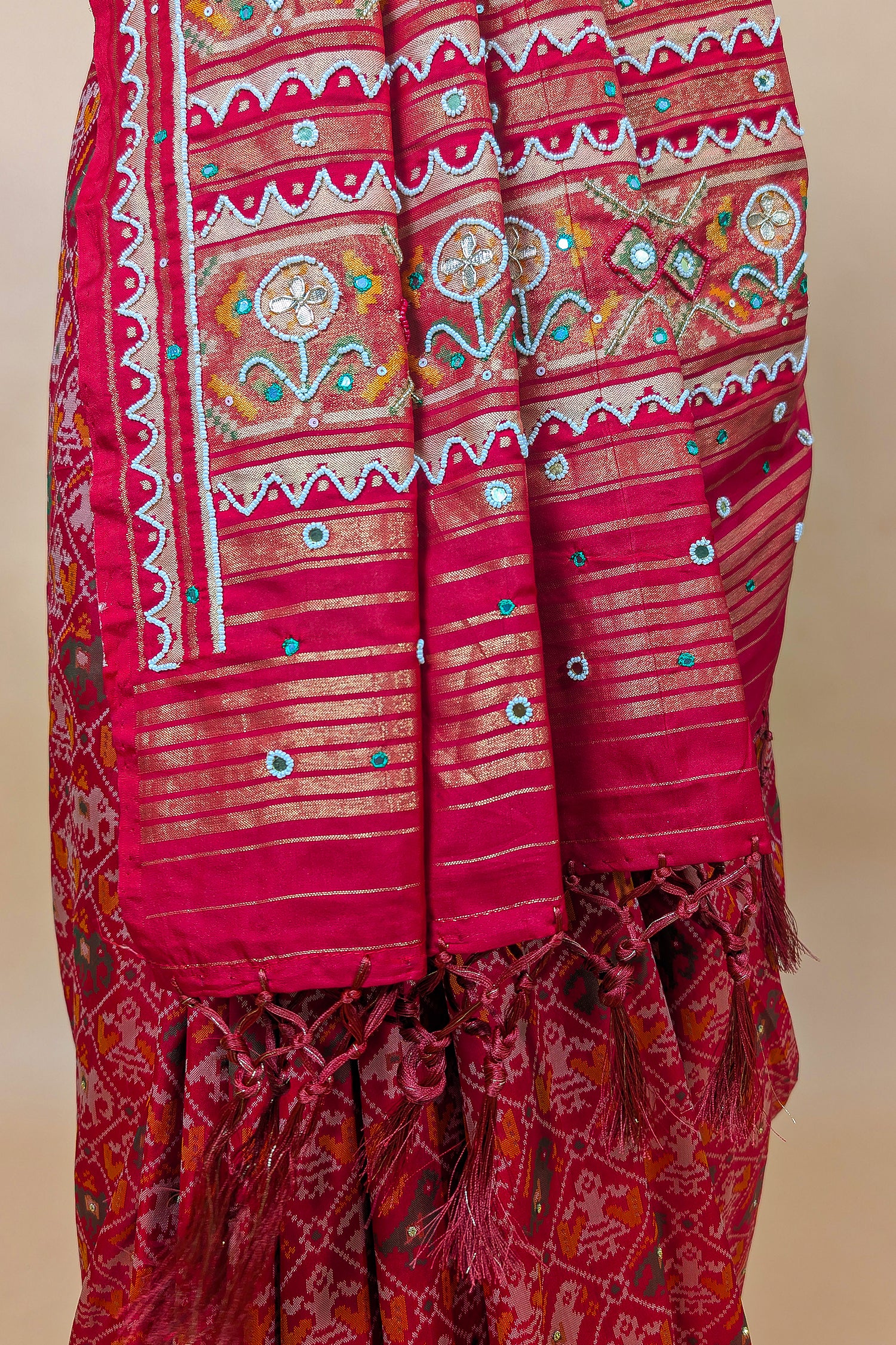 Pink Silk Traditional Patola Saree with Beads and Mirror Work