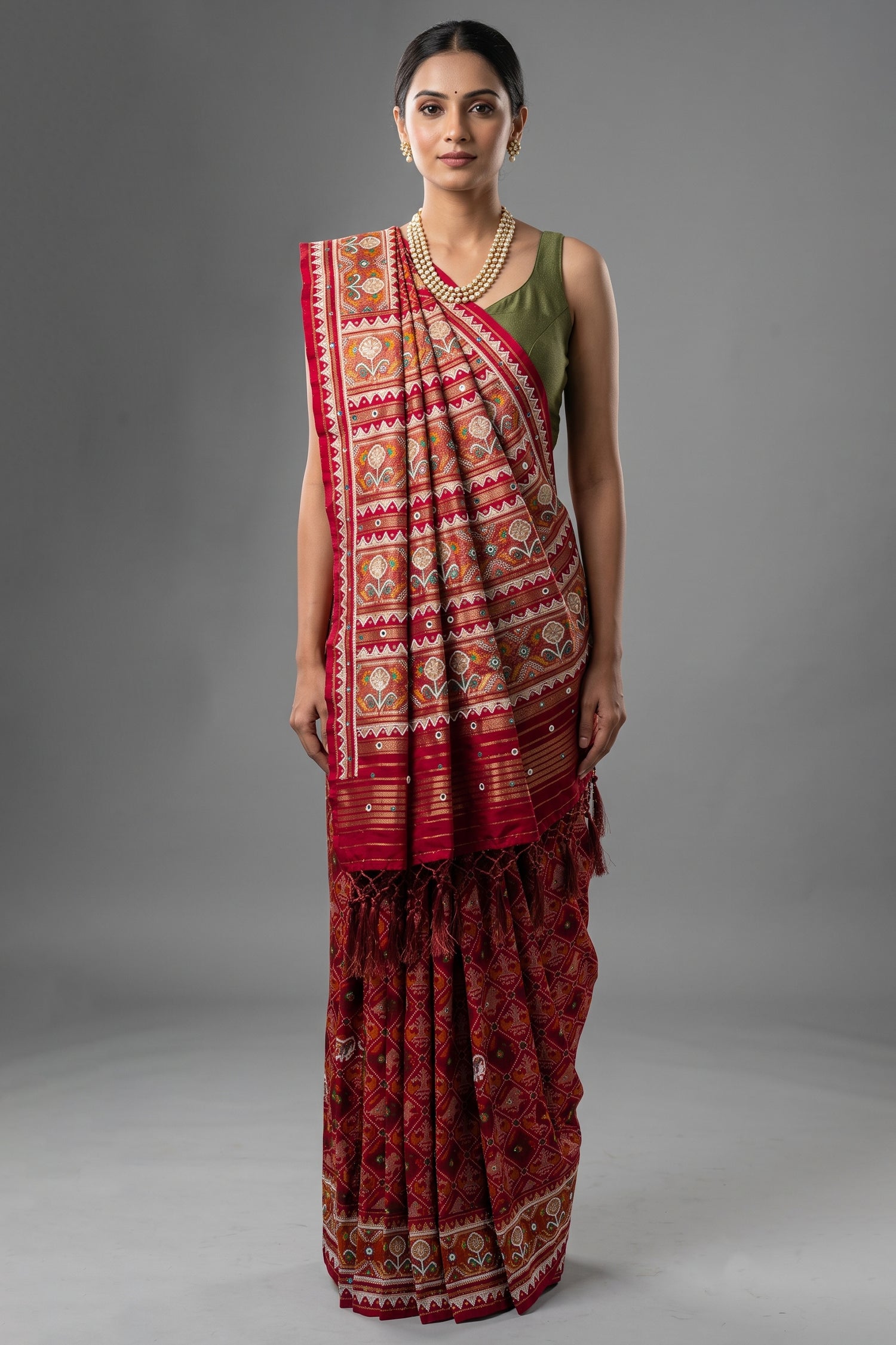 Pink Silk Traditional Patola Saree with Beads and Mirror Work Main image