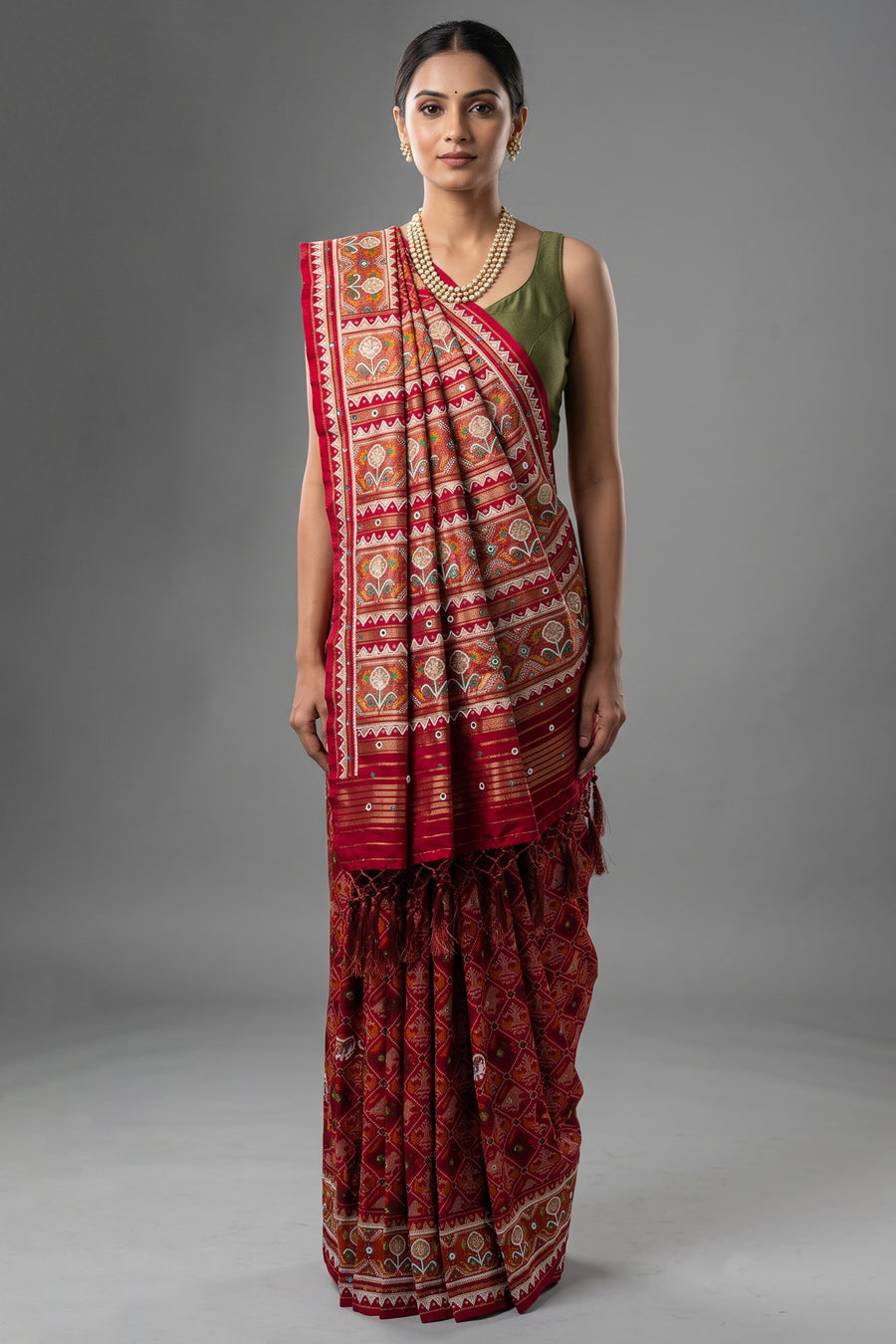Pink Silk Traditional Patola Saree with Beads and Mirror Work