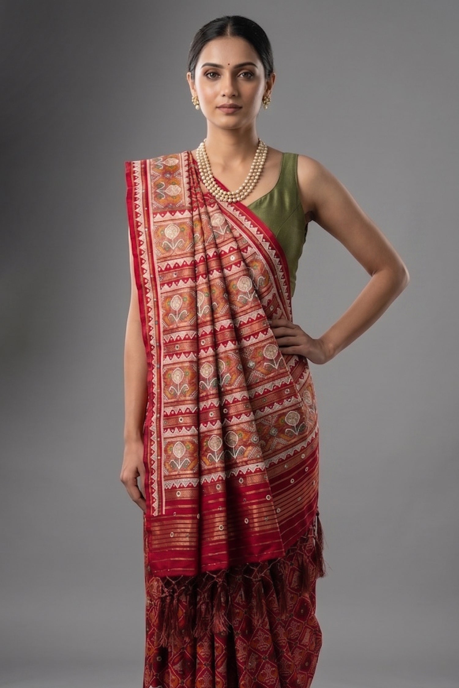 Pink Silk Traditional Patola Saree with Beads and Mirror Work Secondary image