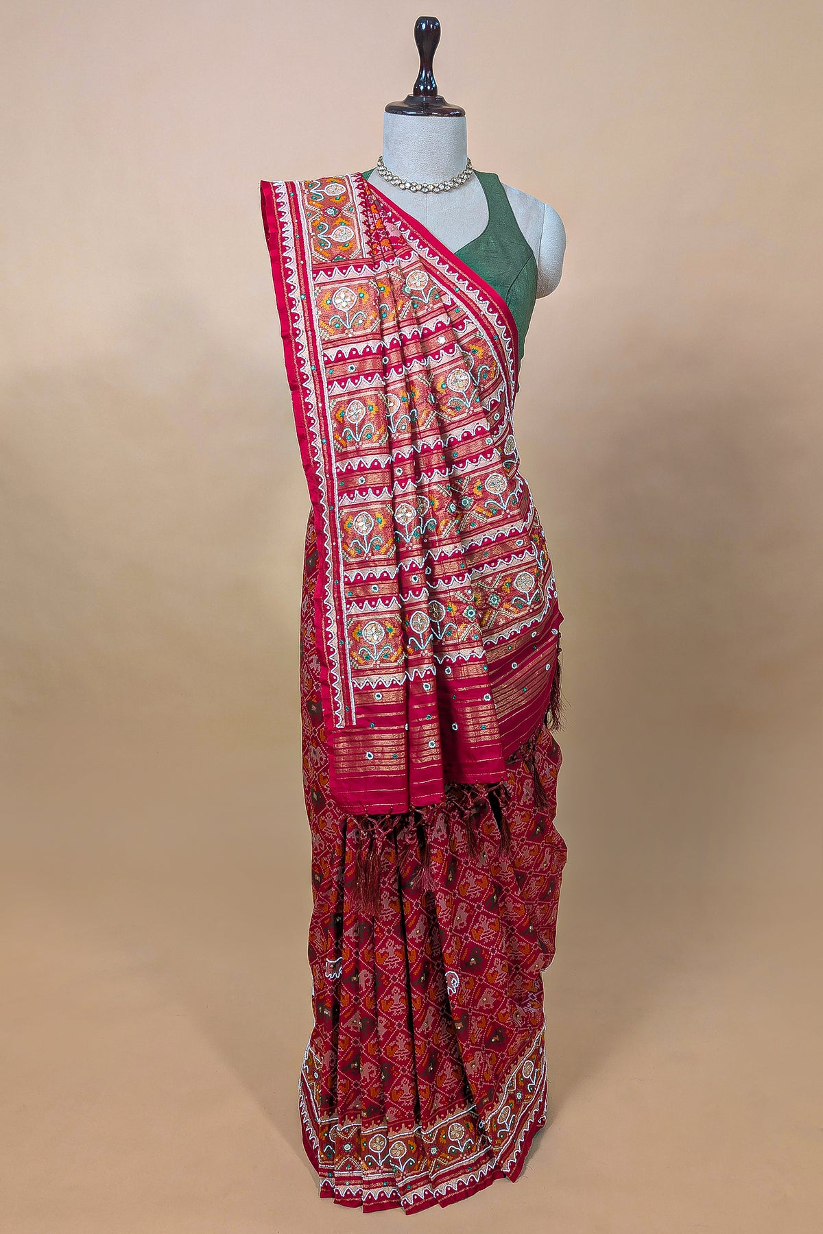 Pink Silk Traditional Patola Saree with Beads and Mirror Work