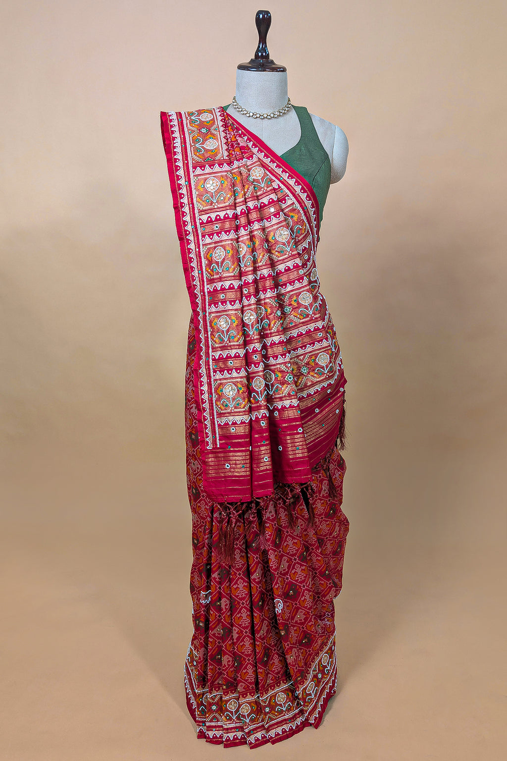 Pink Silk Traditional Patola Saree with Beads and Mirror Work