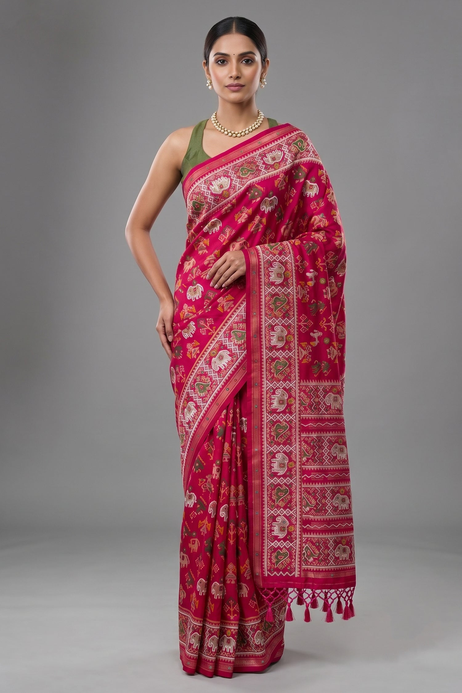 Red Silk Traditional Patola Weave Saree with Handwork Main image