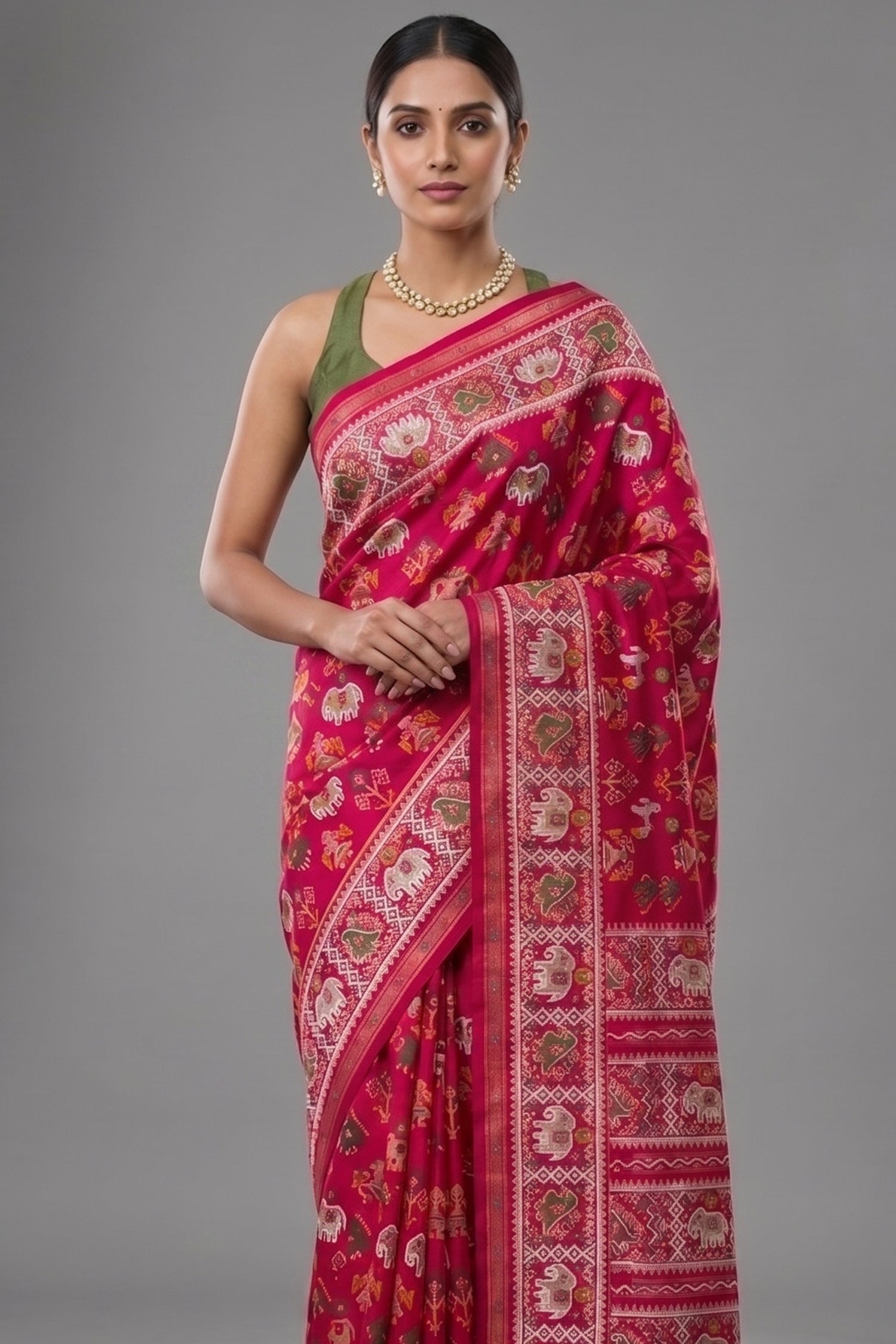 Red Silk Traditional Patola Weave Saree with Handwork Secondary image