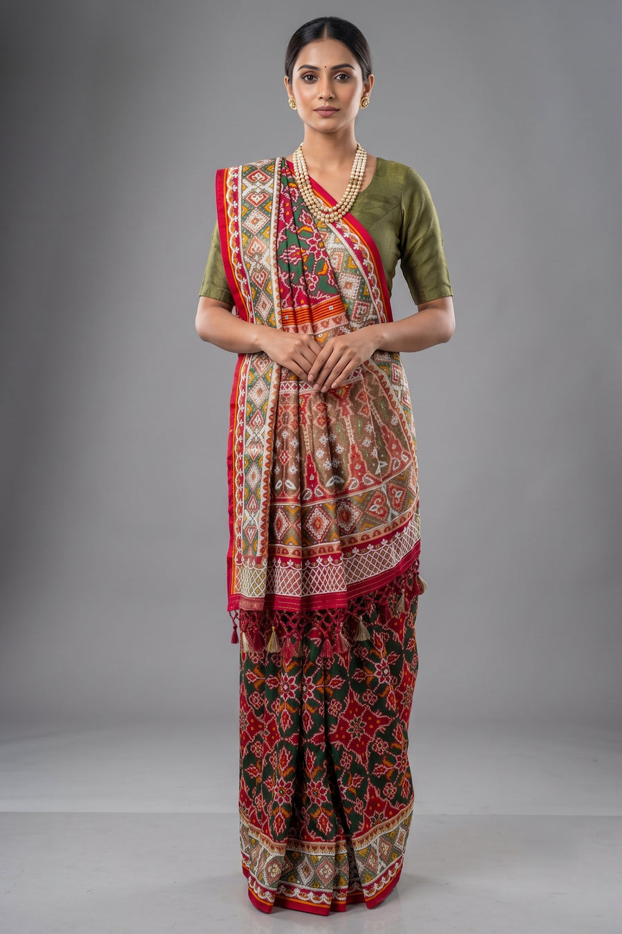 Green Silk Traditional Patola Weave Saree with Handwork