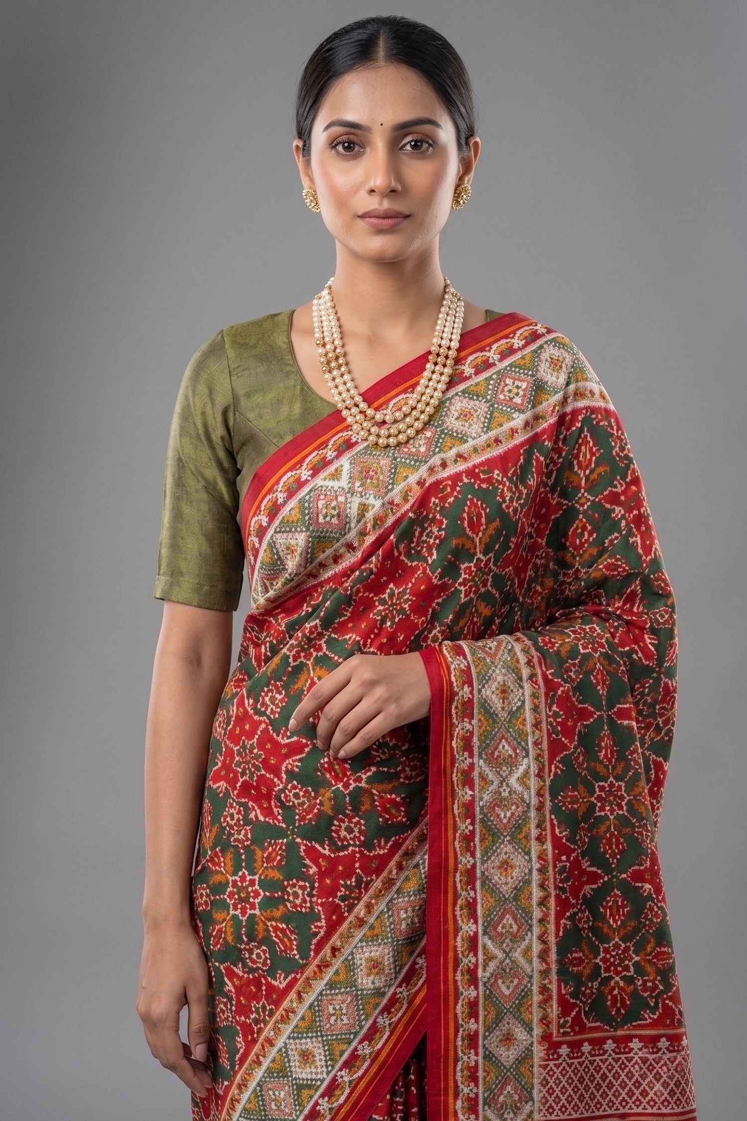 Green Silk Traditional Patola Weave Saree with Handwork Secondary image