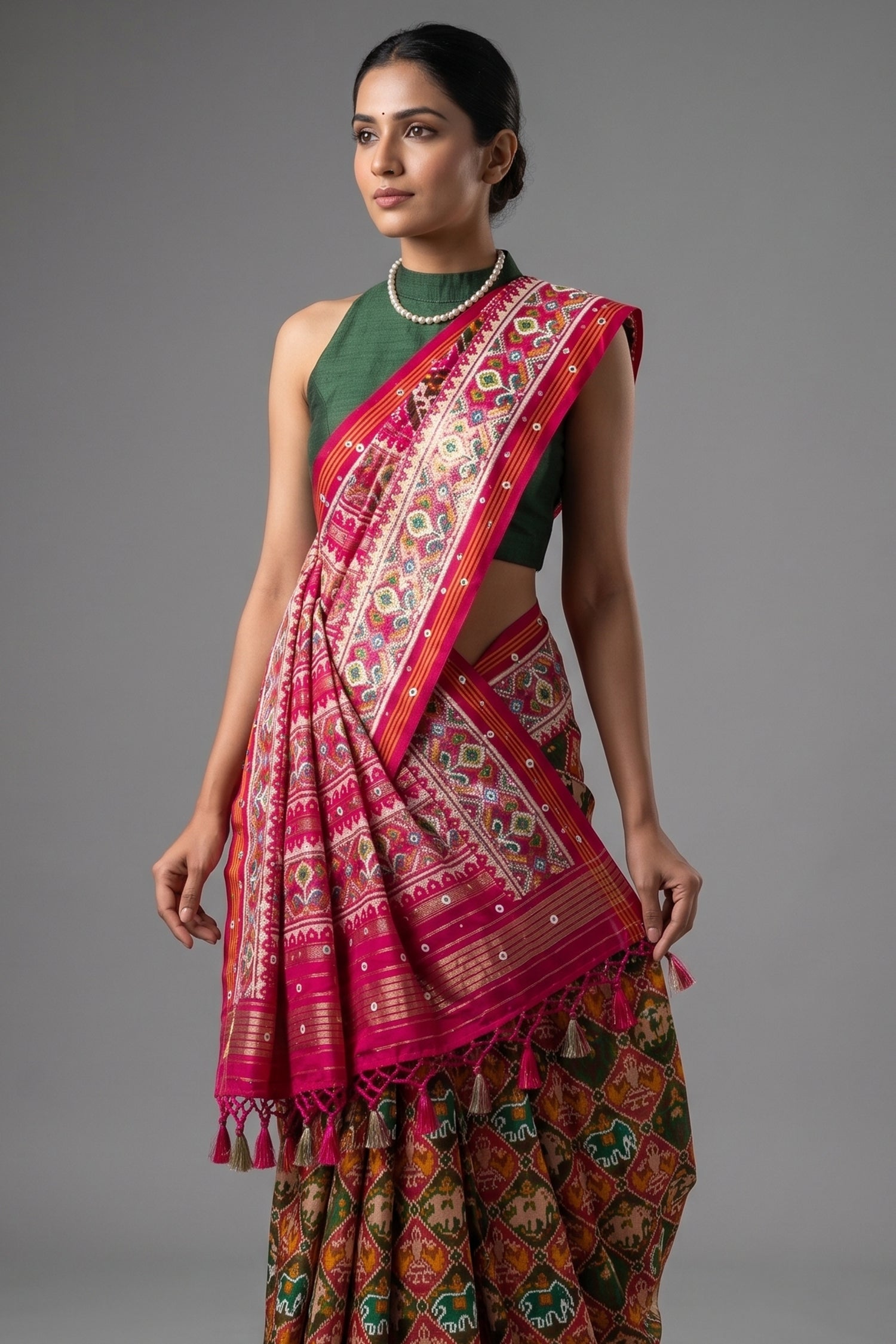 Multi Colored Silk Traditional Patola Weave Saree with Handwork Secondary image