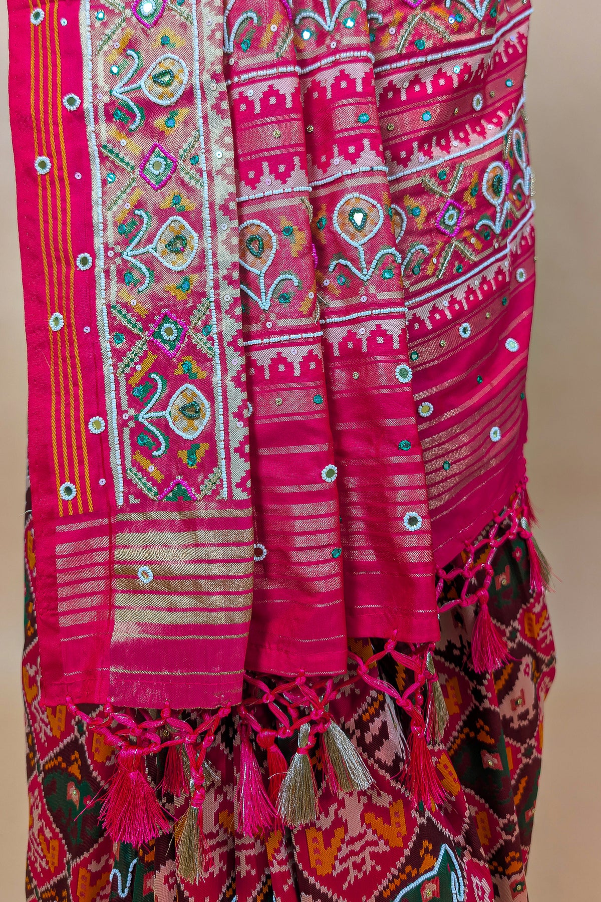 Multi Colored Silk Traditional Patola Weave Saree with Handwork