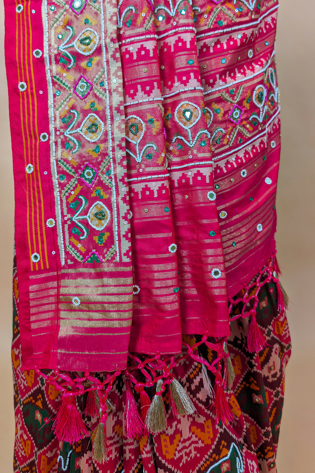 Multi Colored Silk Traditional Patola Weave Saree with Handwork