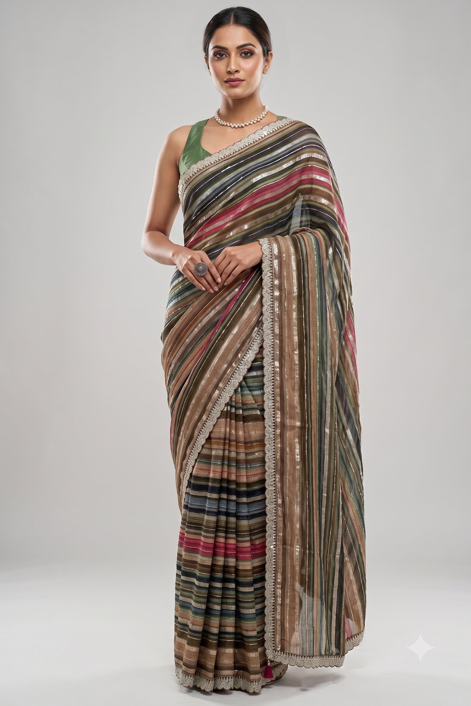 Brown and Multi Colored Georgette Striped Saree with Beads and Cutdana Lace Main image